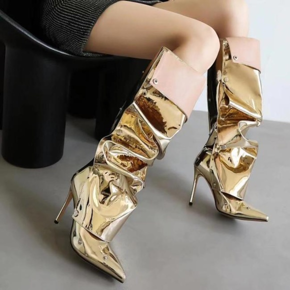 High heeled pointed metal rivet denim patchwork boots - Picture 7 of 16